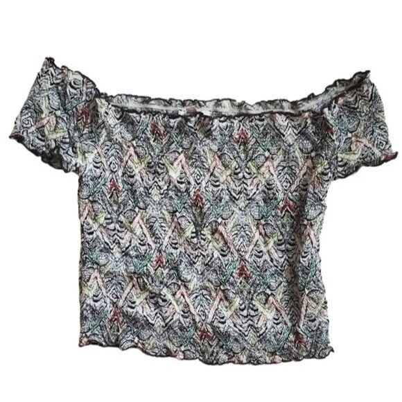 GUESS Womens Mayan Maze Top‎ XL Smocked Off The Shoulder  Casual Ethnic Tribal - Picture 1 of 7